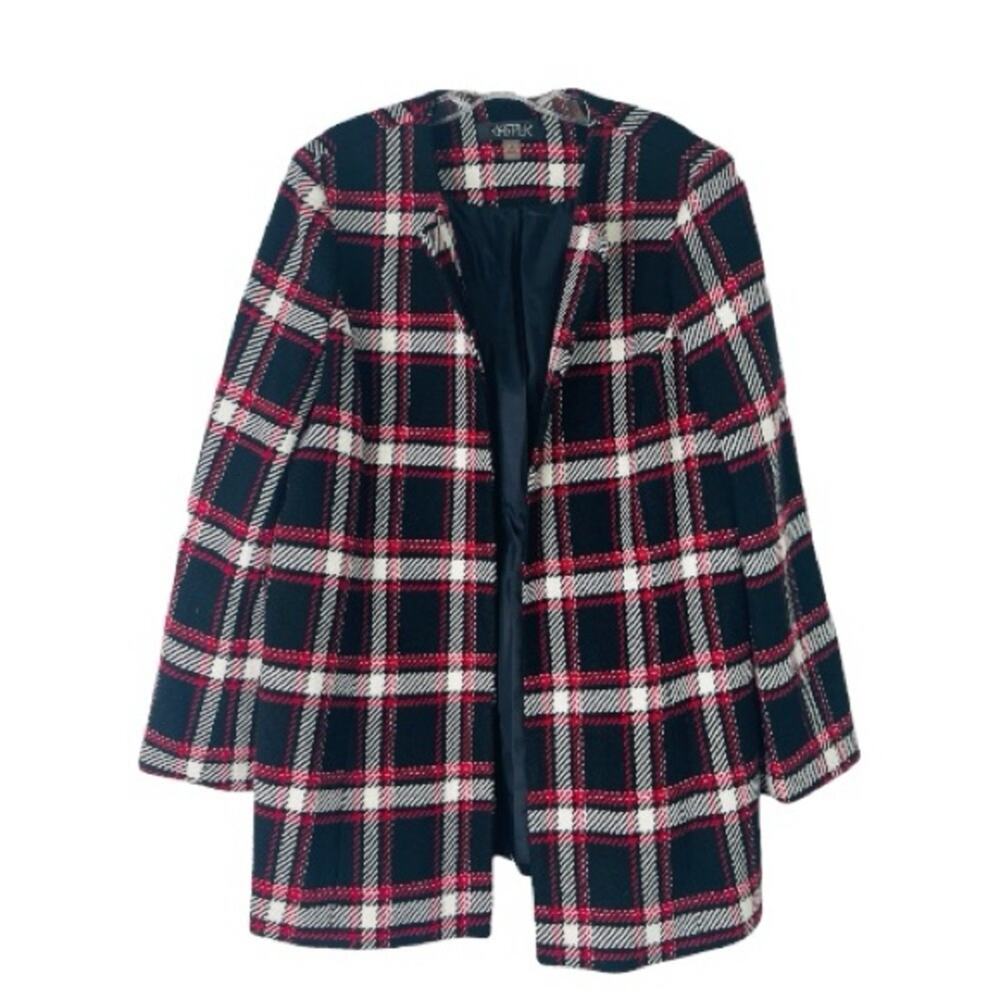 Kasper black white red wool plaid preppy academia office open front jacket 16
